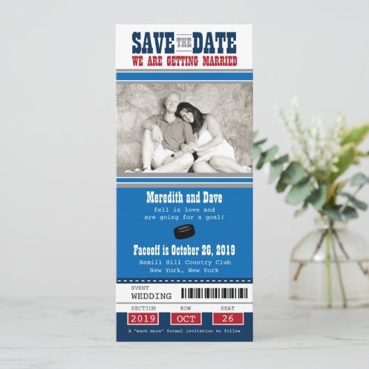 Save The Date Mariage de billets de hockey Enregistrer la date (Debout devant)