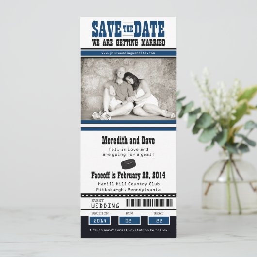 Save The Date Mariage de billets de hockey Enregistrer la date (Debout devant)