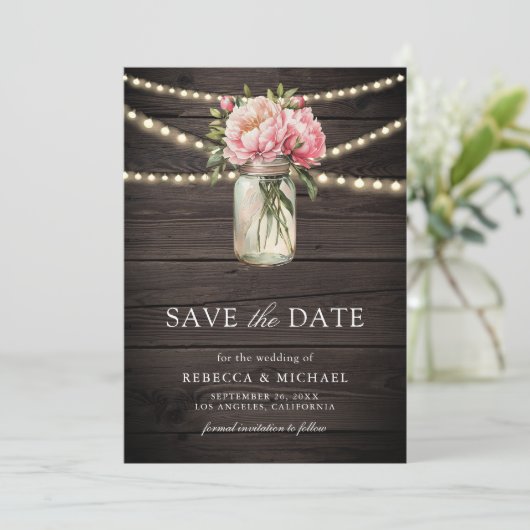 Save The Date Mariage de bois rose Floral Mason Jar (Debout devant)