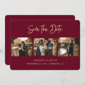 Save The Date Mariage de Bourgogne moderne et d'huile d'or 3 Pho (Devant / Derrière)