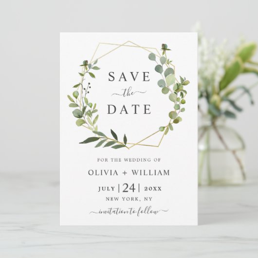 Save The Date Mariage de cadre géométrique floral Eucalyptus mod (Debout devant)