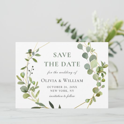Save The Date Mariage de cadre géométrique floral Eucalyptus mod (Debout devant)