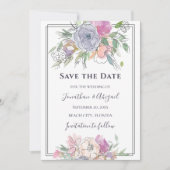 Save The Date Mariage de cadre gris floral rose pâle violet (Devant)