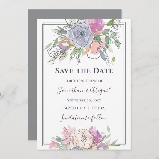 Save The Date Mariage de cadre gris floral rose pâle violet (Devant / Derrière)