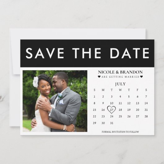 Save The Date Mariage de calendrier photo noir et blanc (Devant)