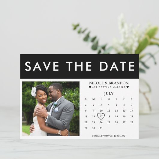 Save The Date Mariage de calendrier photo noir et blanc (Debout devant)