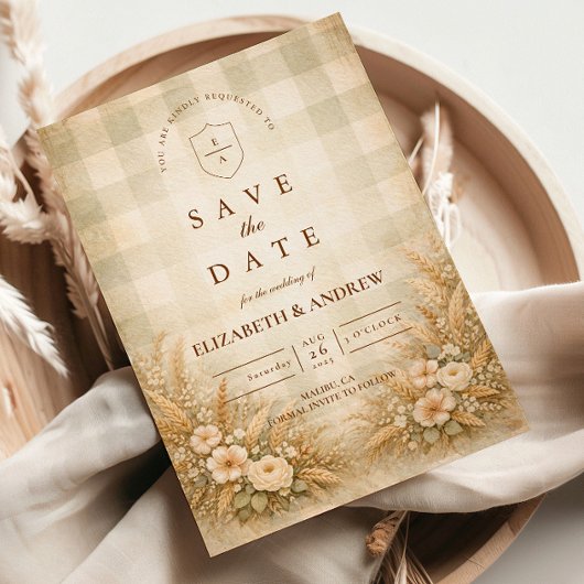 Save The Date Mariage de campagne rustique avec du blé et des fl