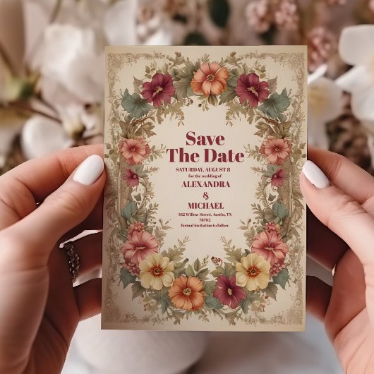 Save The Date Mariage de charpente florale ornée victorienne