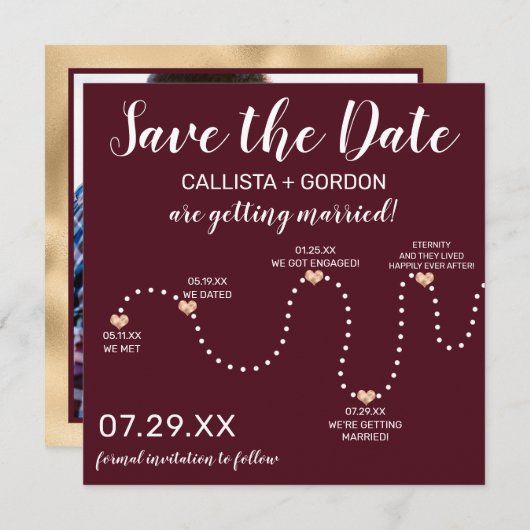 Save The Date Mariage de chronologie simple Gold Burgundy (Devant / Derrière)