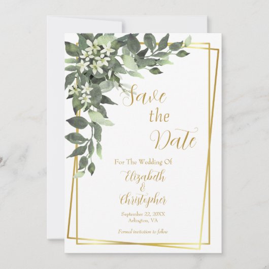 Save The Date Mariage de code QR de cadre Gold Eucalyptus Green (Devant)