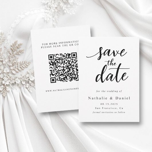 Save The Date Mariage de code QR noir et blanc de script moderne