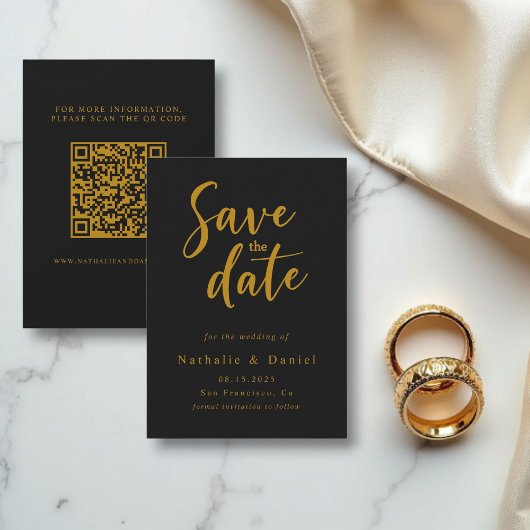Save The Date Mariage de code QR noir et or élégant