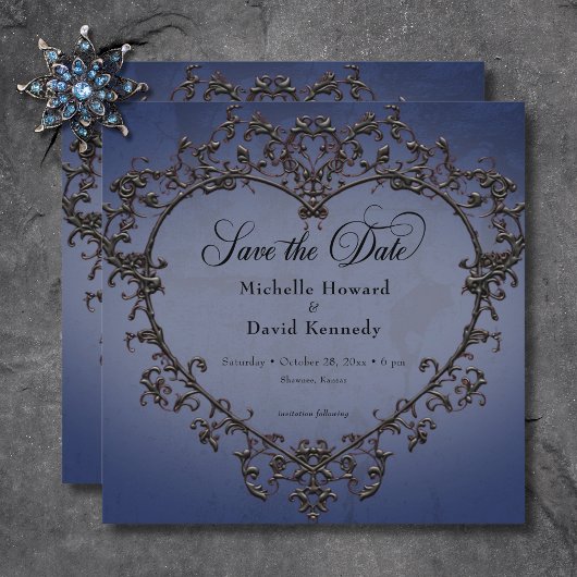Save The Date Mariage de coeur gothique noir et bleu en fibre