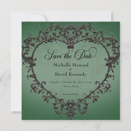 Save The Date Mariage de coeur gothique noir et vert en fibre (Devant)