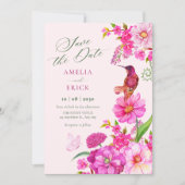 Save The Date Mariage de colibri d'art de fleur rose (Devant)