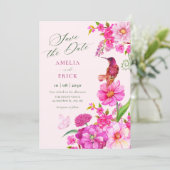 Save The Date Mariage de colibri d'art de fleur rose (Debout devant)