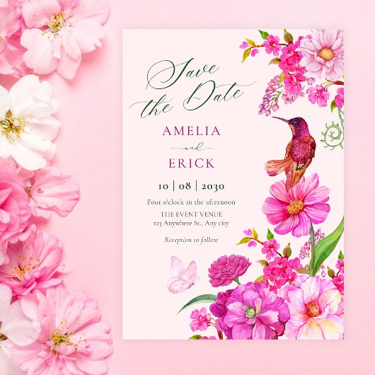 Save The Date Mariage de colibri d'art de fleur rose