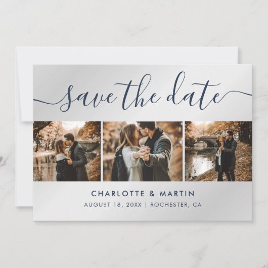 Save The Date Mariage de collection photo moderne bleu marine et (Devant)