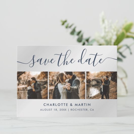Save The Date Mariage de collection photo moderne bleu marine et (Debout devant)
