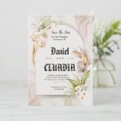 Save The Date Mariage de couleur d'eau de fleur brun et crème (Debout devant)