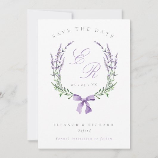 Save The Date Mariage de couronnes et de monogrammes de lavande (Devant)