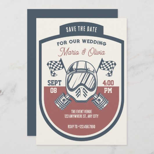 Save The Date Mariage de course de moto rétro (Devant / Derrière)