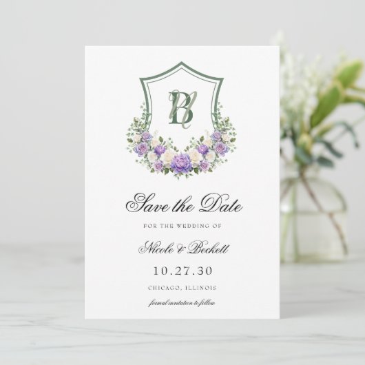 Save The Date Mariage de crête florale blanche violette (Debout devant)