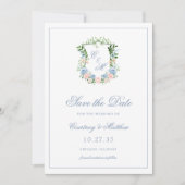 Save The Date Mariage de crête florale bleu poussiéreux (Devant)