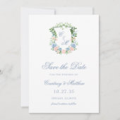 Save The Date Mariage de crête florale bleu poussiéreux (Devant)