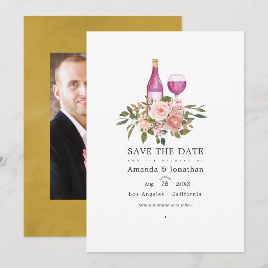 Save The Date Mariage de dégustation de vin doré et de blush flo (Devant / Derrière)