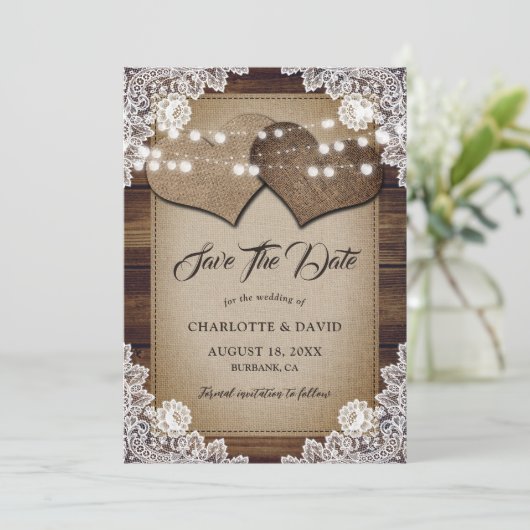 Save The Date Mariage de dentelle Burlap (Debout devant)