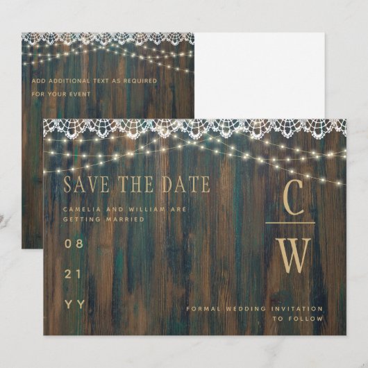 Save The Date Mariage de dentelle de bois rustique (Devant / Derrière)