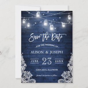 Save The Date Mariage de dentelle en bois bleu rustique