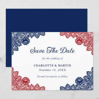 Save The Date Mariage de dentelle florale bleu et rouge rustique