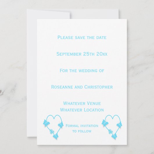 Save The Date Mariage De Design Coeur Bleu Et Papillons (Dos)