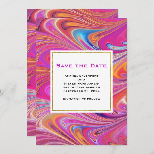 Save The Date Mariage de design Tourbillonnant Trippy rose et or (Devant / Derrière)