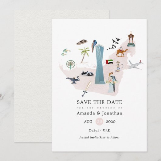Save The Date Mariage de destination à Dubaï UAE à l'aquarelle (Devant / Derrière)