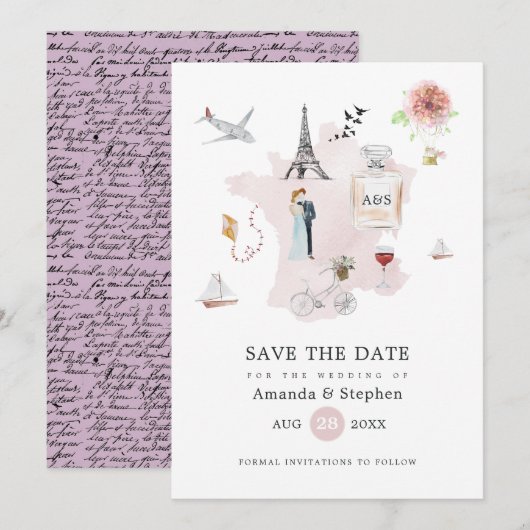 Save The Date Mariage de destination à Paris en aquarelle Monogr (Devant / Derrière)