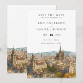 Save The Date Mariage de destination aquarelle à Barcelone (Devant / Derrière)