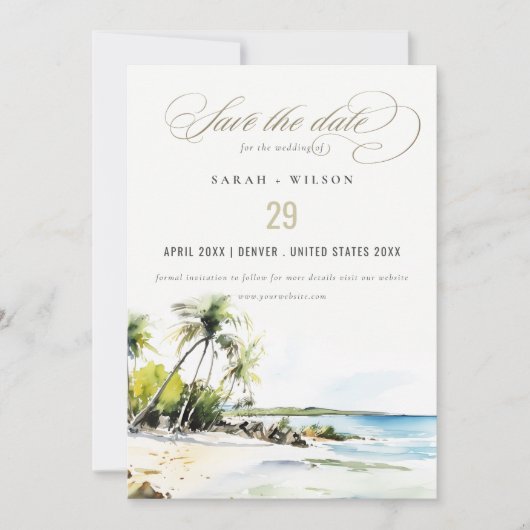 Save The Date Mariage de Destination Aquarelle Côtière Tropicale (Devant)