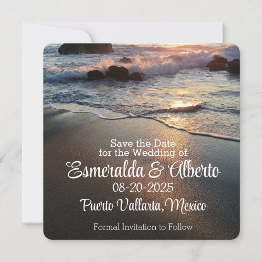 Save The Date Mariage de Destination Côté Plage avec Vagues (Devant)
