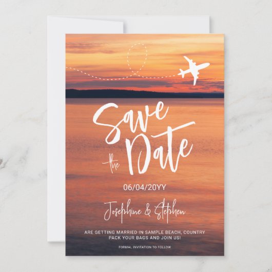 Save The Date Mariage de destination en forme d'avion au coucher (Devant)