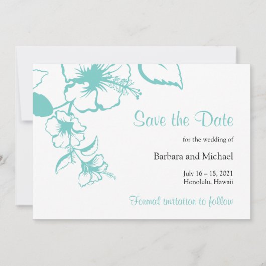 Save The Date Mariage de Destination Fleur d'Hibiscus Turquoise (Devant)