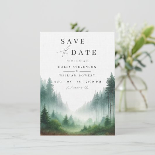 Save The Date Mariage de destination forêt verte aquarelle rusti (Debout devant)