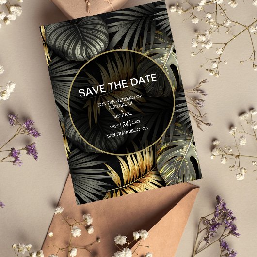 Save The Date Mariage de destination tropicale Noir et Or