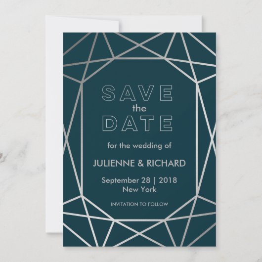 Save The Date Mariage de diamant géométrique en argent Enregistr (Devant)