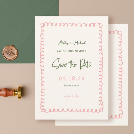 Save The Date Mariage de divertissement français rose et vert