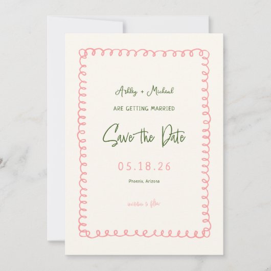 Save The Date Mariage de divertissement français rose et vert (Devant)