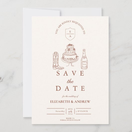 Save The Date Mariage de doodle occidental funky tiré à la main (Devant)