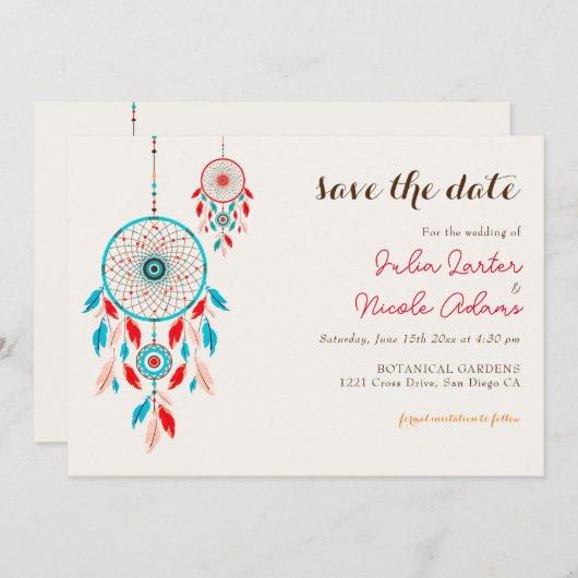 Save The Date Mariage de Dreamcatcher en plumes de la tribu Boho (Devant / Derrière)